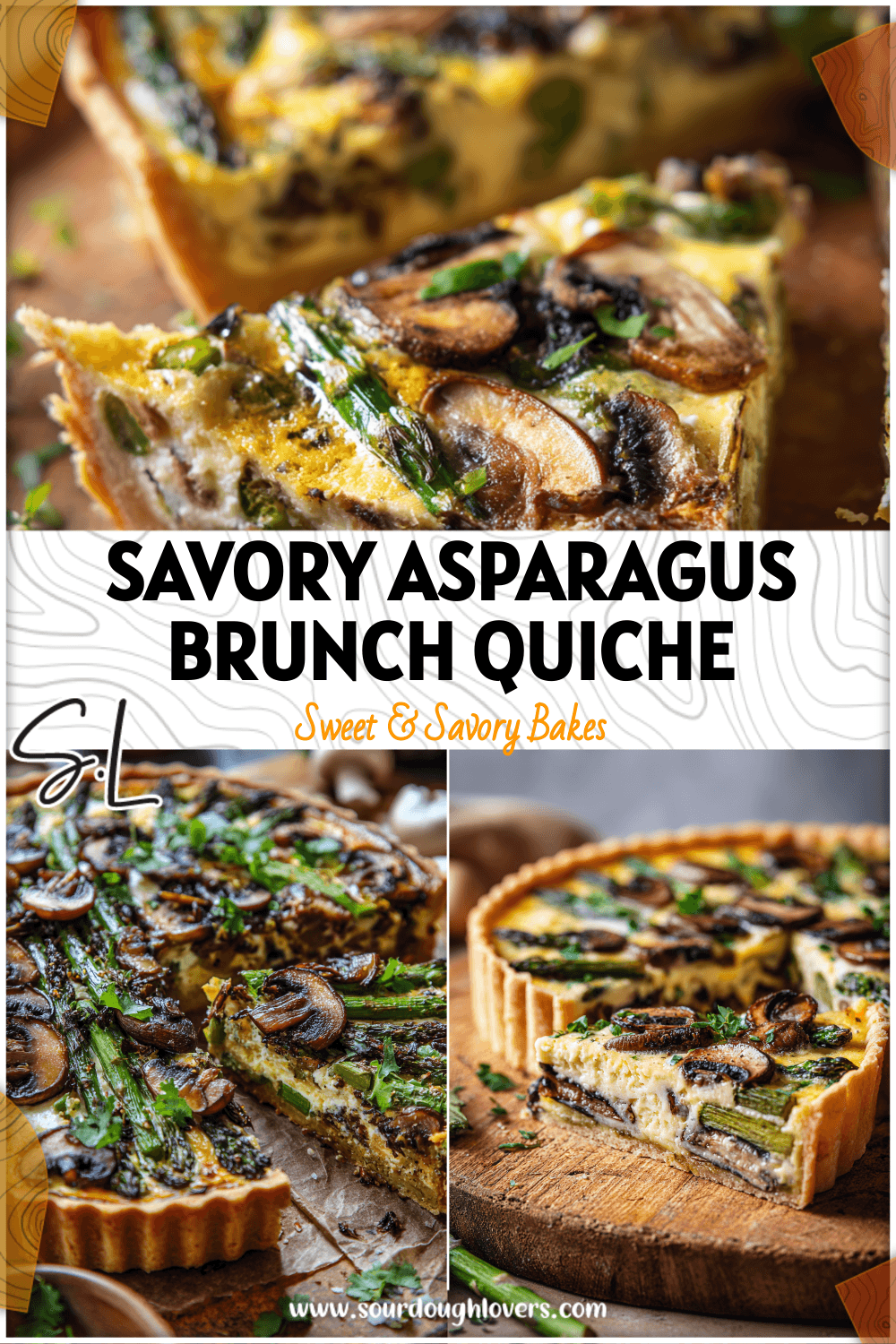 Golden-baked asparagus sourdough quiche with sliced mushrooms and fresh herbs displayed on a rustic board.